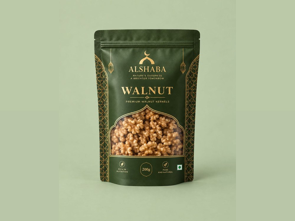 Walnut stand-up pouch concept with a product window, front view